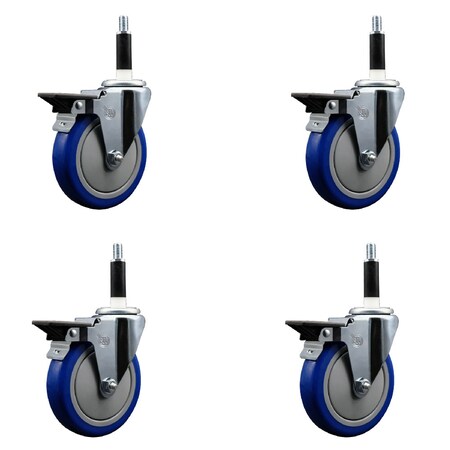 Service Caster 5'' Blue Poly Swivel 7/8'' Expanding Stem Caster Set with Brake, 4PK SCC-EX20S514-PPUB-BLUE-PLB-78-4